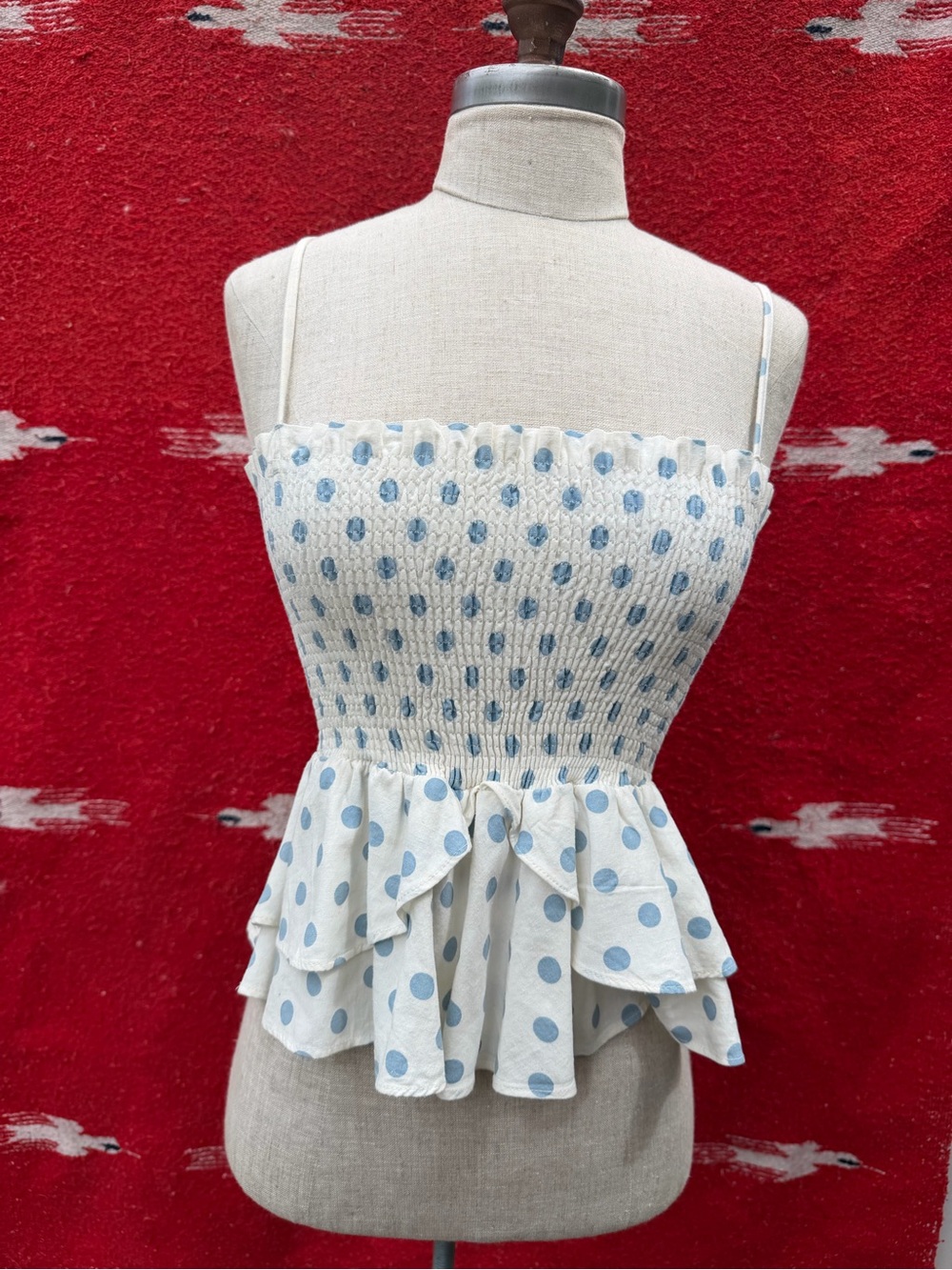 Zara Smocked Spaghetti Strap Peplum Top in Light Blue Polka Dot
